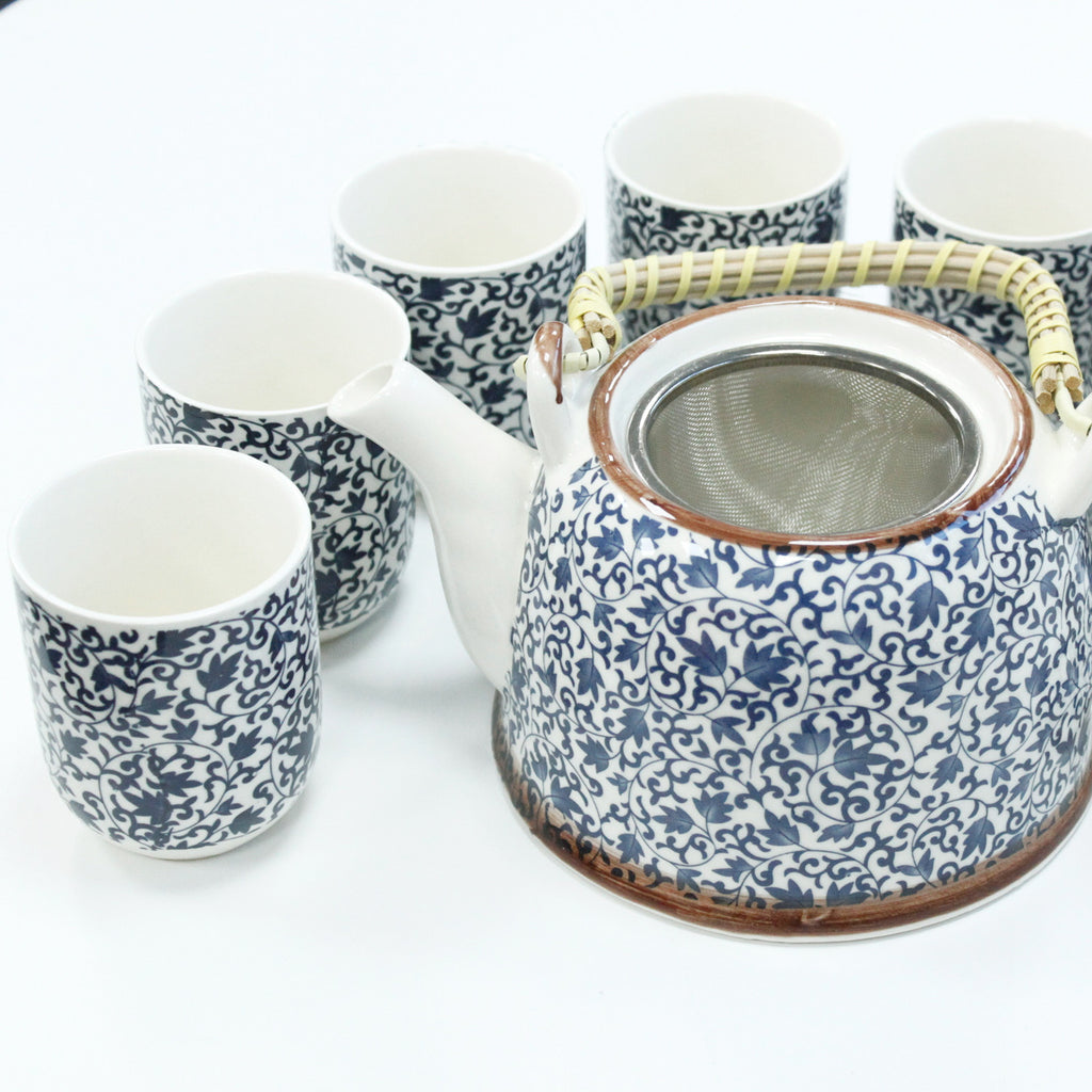 Blue Leaf Pattern Teapot Set - Six Cups