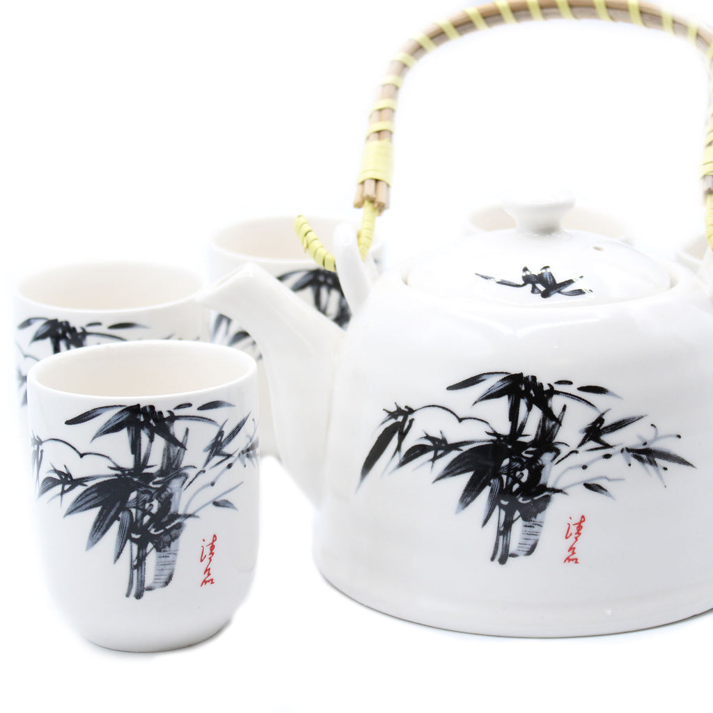 Chinese Plant White Stone Oriental Teapot Set - Six Cups