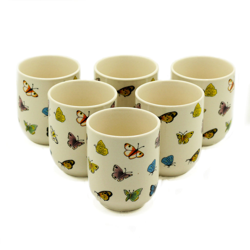 Six Tea Cups Without Handles Butterfly Design