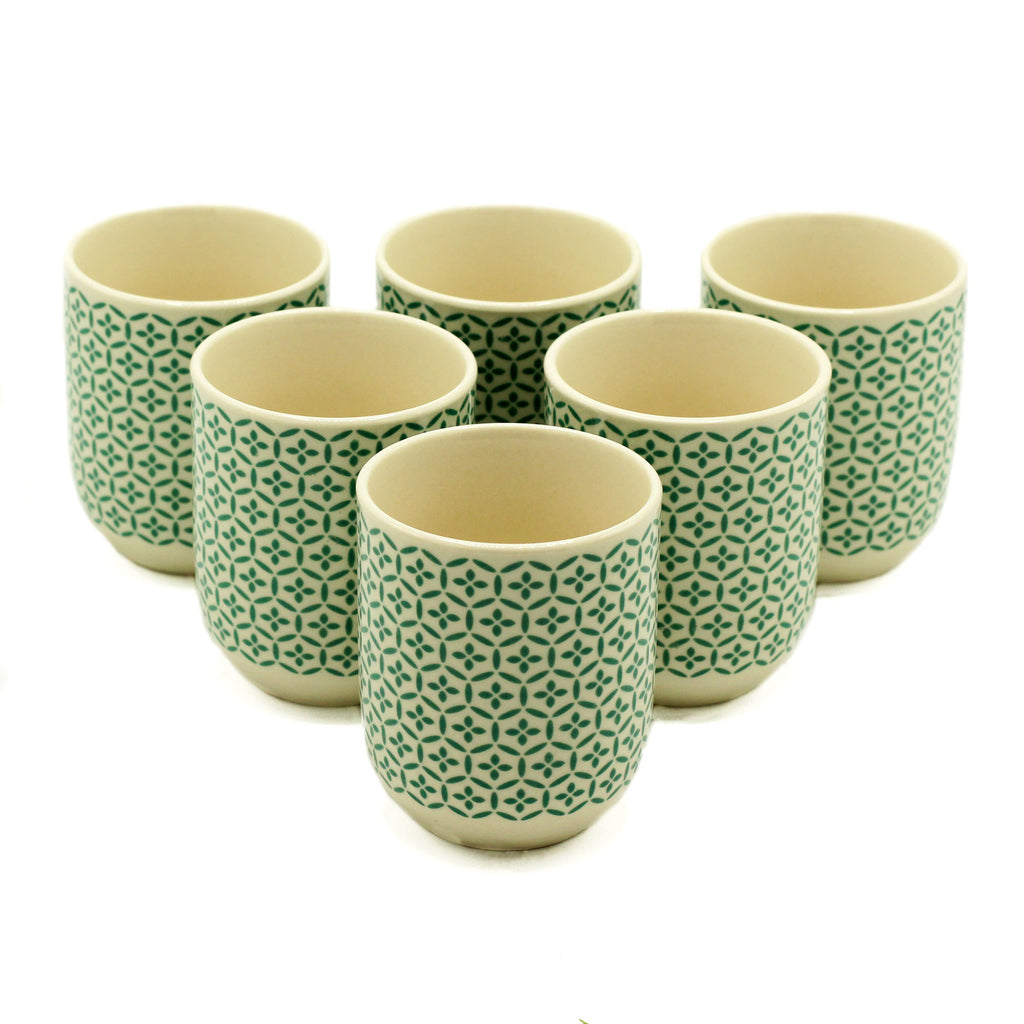 Six Tea Cups Without Handles Green Mosaic Design