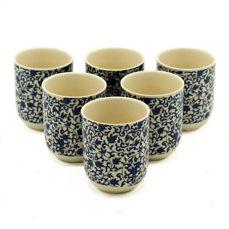 Six Tea Cups Without Handles Blue Floral Design